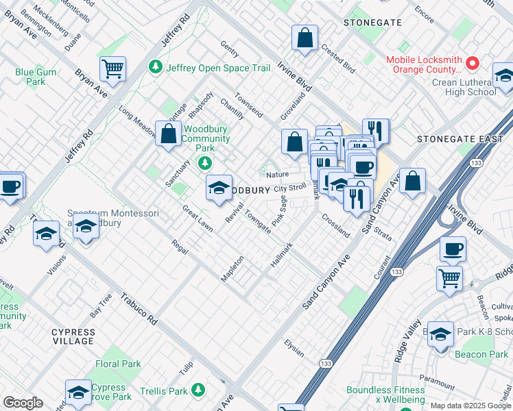 map of restaurants, bars, coffee shops, grocery stores, and more near 30 Mission Bell in Irvine