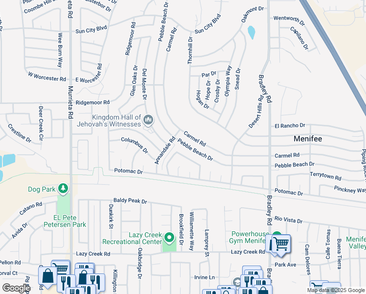 map of restaurants, bars, coffee shops, grocery stores, and more near 29251 Pebble Beach Drive in Menifee