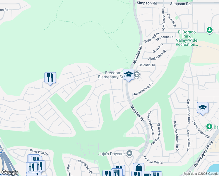 map of restaurants, bars, coffee shops, grocery stores, and more near 29245 Winding Brook Drive in Menifee