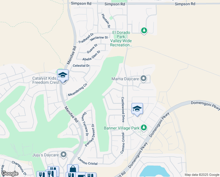 map of restaurants, bars, coffee shops, grocery stores, and more near 29177 Promenade Road in Menifee