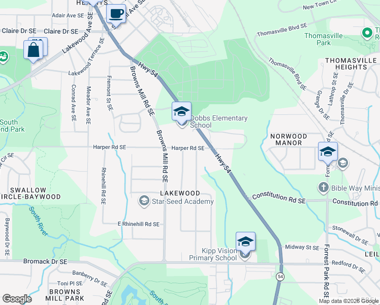 map of restaurants, bars, coffee shops, grocery stores, and more near 2130 Jernigan Drive Southeast in Atlanta