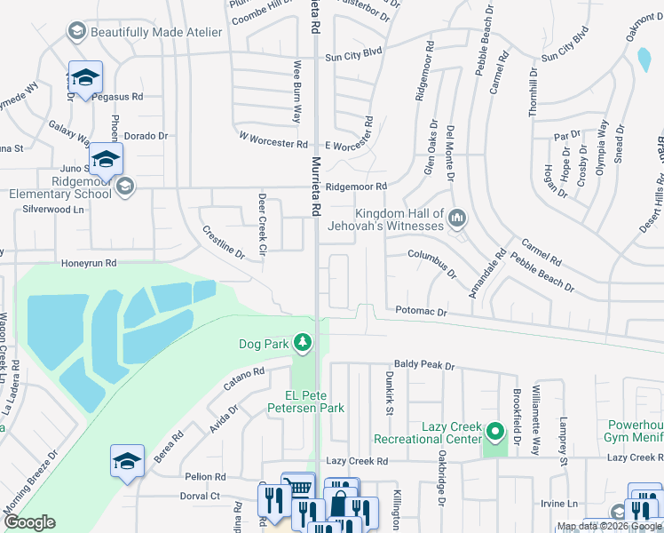 map of restaurants, bars, coffee shops, grocery stores, and more near 29194 Murrieta Road in Menifee