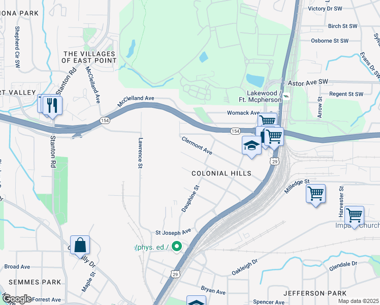 map of restaurants, bars, coffee shops, grocery stores, and more near 1475 Elizabeth Lane in Atlanta