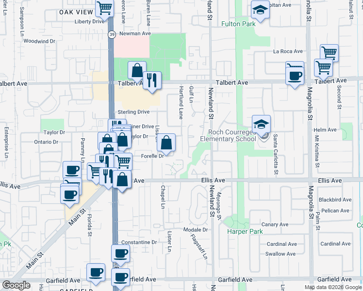 map of restaurants, bars, coffee shops, grocery stores, and more near 18311 Hartlund Lane in Huntington Beach
