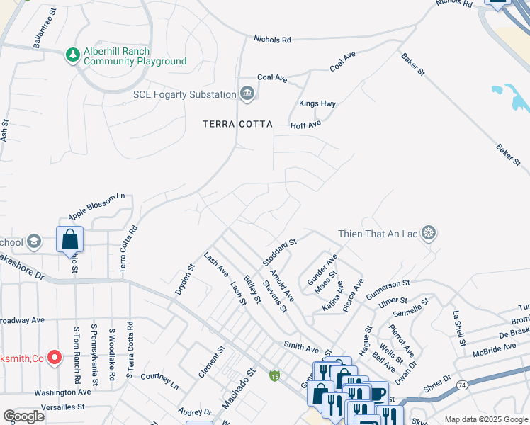 map of restaurants, bars, coffee shops, grocery stores, and more near Ancona Lane in Lake Elsinore