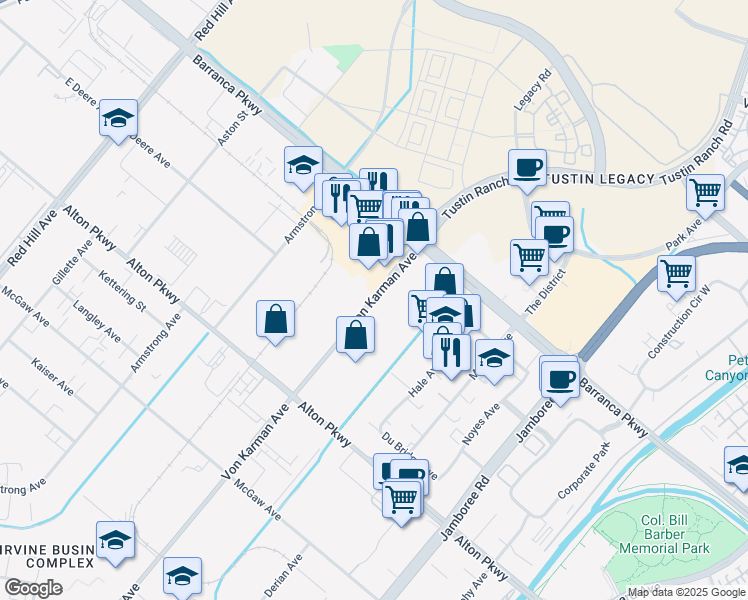 map of restaurants, bars, coffee shops, grocery stores, and more near 16715 Von Karman Avenue in Irvine