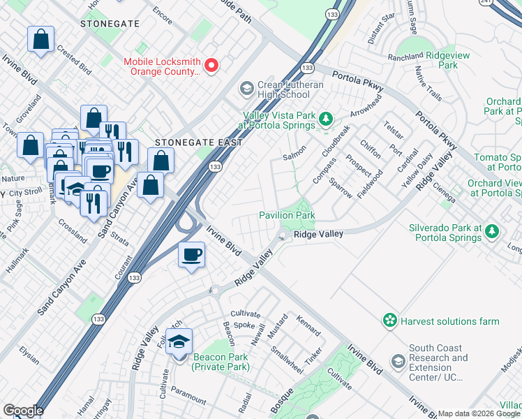 map of restaurants, bars, coffee shops, grocery stores, and more near 210 Compass in Irvine