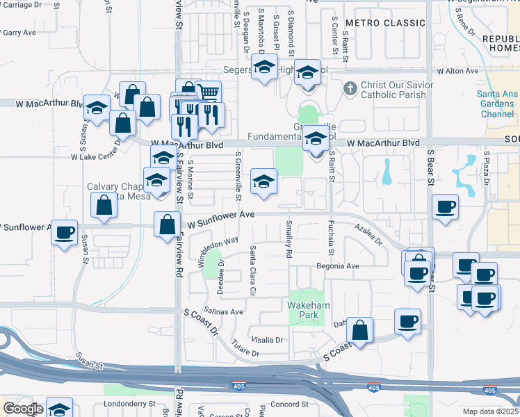 map of restaurants, bars, coffee shops, grocery stores, and more near 2521 West Sunflower Avenue in Santa Ana