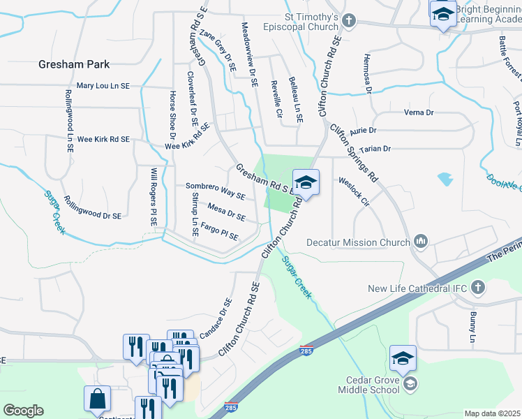 map of restaurants, bars, coffee shops, grocery stores, and more near 3048 Cottonwood Drive Southeast in Atlanta