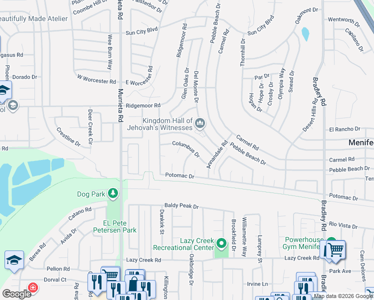 map of restaurants, bars, coffee shops, grocery stores, and more near 26341 Columbus Drive in Menifee