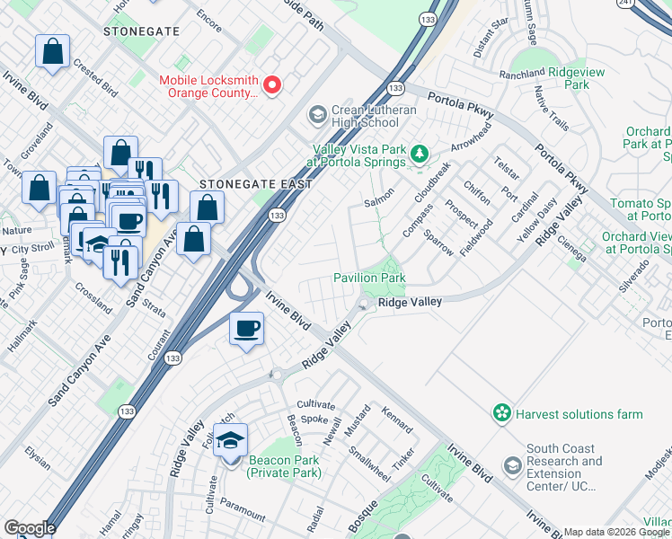 map of restaurants, bars, coffee shops, grocery stores, and more near 217 Compass in Irvine