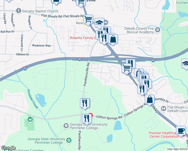 map of restaurants, bars, coffee shops, grocery stores, and more near 3250 Panthersville Road in Decatur