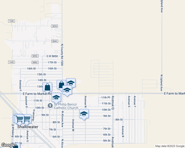 map of restaurants, bars, coffee shops, grocery stores, and more near 1260 12th Street in Shallowater