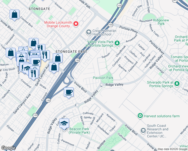 map of restaurants, bars, coffee shops, grocery stores, and more near 210 Compass in Irvine