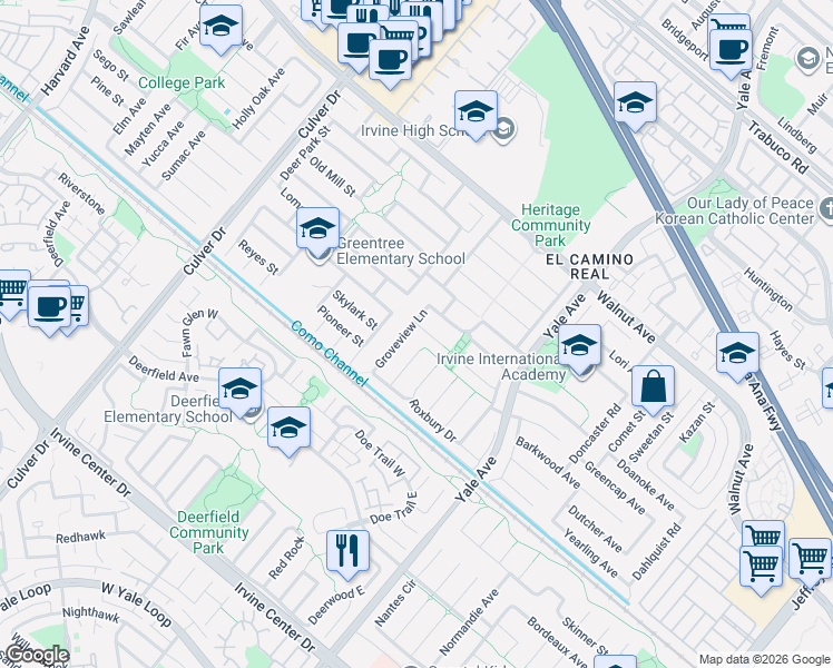 map of restaurants, bars, coffee shops, grocery stores, and more near 14852 Willows Park Walkway in Irvine
