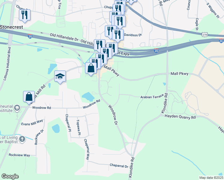 map of restaurants, bars, coffee shops, grocery stores, and more near 6687 Evans Trce in Stonecrest