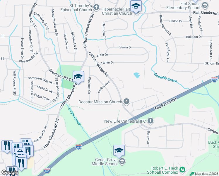 map of restaurants, bars, coffee shops, grocery stores, and more near 3235 Weslock Circle in Decatur