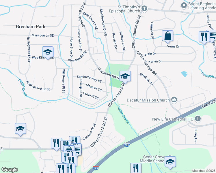 map of restaurants, bars, coffee shops, grocery stores, and more near 3048 Cottonwood Drive Southeast in Atlanta