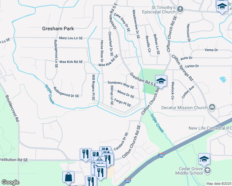 map of restaurants, bars, coffee shops, grocery stores, and more near 2007 Mesa Drive Southeast in Atlanta