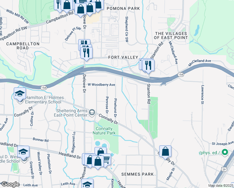 map of restaurants, bars, coffee shops, grocery stores, and more near 2158 Pinehurst Drive in East Point