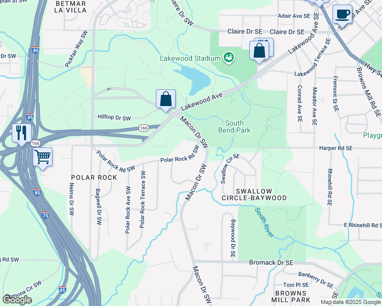map of restaurants, bars, coffee shops, grocery stores, and more near 69 Polar Rock Road Southwest in Atlanta
