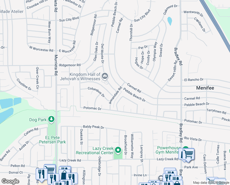 map of restaurants, bars, coffee shops, grocery stores, and more near 29181 Del Monte Drive in Menifee