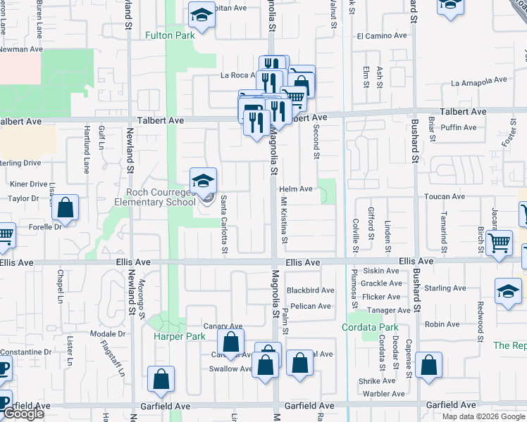 map of restaurants, bars, coffee shops, grocery stores, and more near 18349 Santa Belinda Circle in Fountain Valley