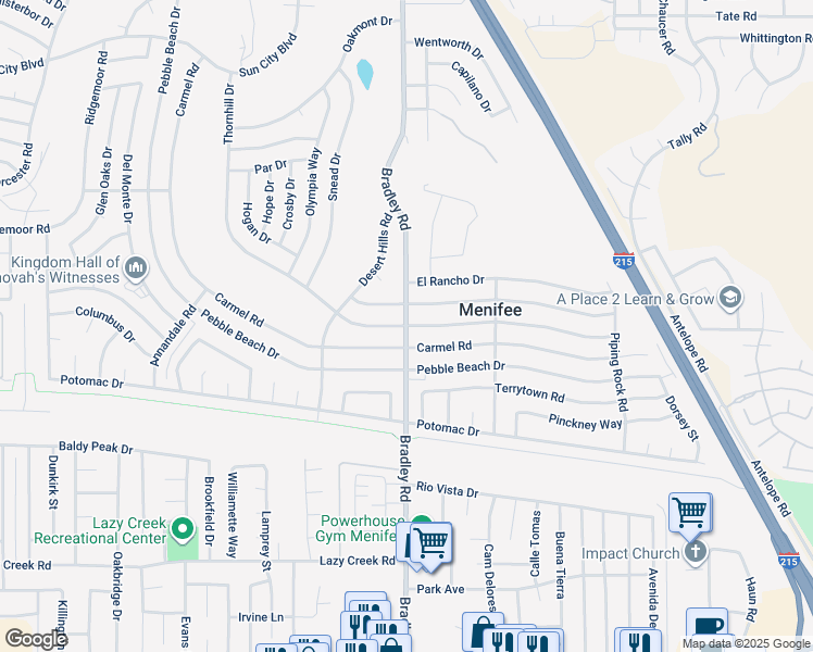 map of restaurants, bars, coffee shops, grocery stores, and more near Bradley Road & Thornhill Drive in Menifee