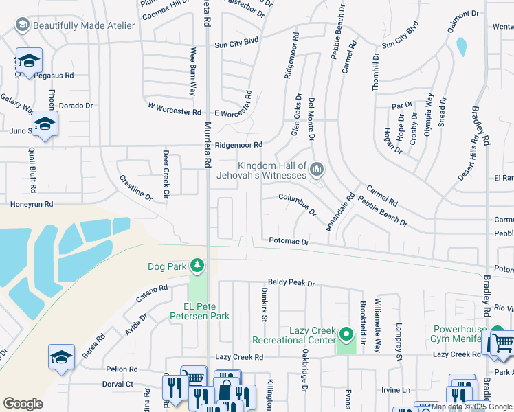 map of restaurants, bars, coffee shops, grocery stores, and more near 26191 Moonbeam Court in Menifee