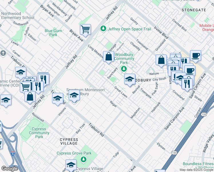 map of restaurants, bars, coffee shops, grocery stores, and more near 99 Alhambra in Irvine
