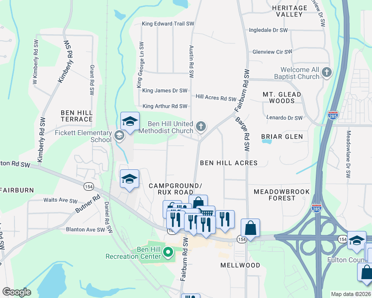 map of restaurants, bars, coffee shops, grocery stores, and more near 3794 Austin Ct SW in Atlanta