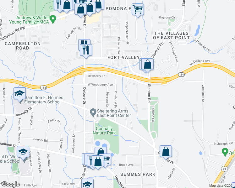 map of restaurants, bars, coffee shops, grocery stores, and more near 2138 Pinehurst Drive in East Point