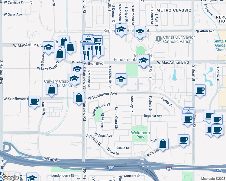 map of restaurants, bars, coffee shops, grocery stores, and more near 2521 Sunflower Avenue in Santa Ana