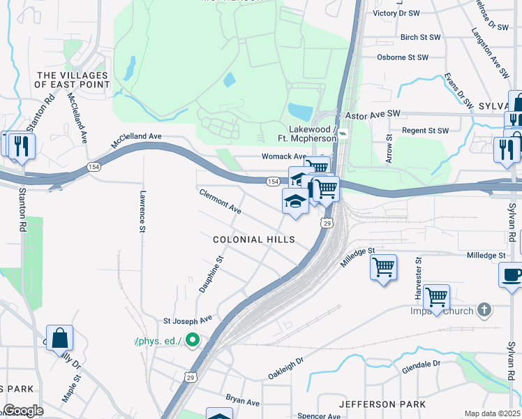 map of restaurants, bars, coffee shops, grocery stores, and more near 1378 Hawthorne Way in East Point