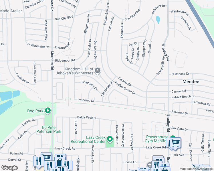 map of restaurants, bars, coffee shops, grocery stores, and more near 29181 Del Monte Drive in Menifee