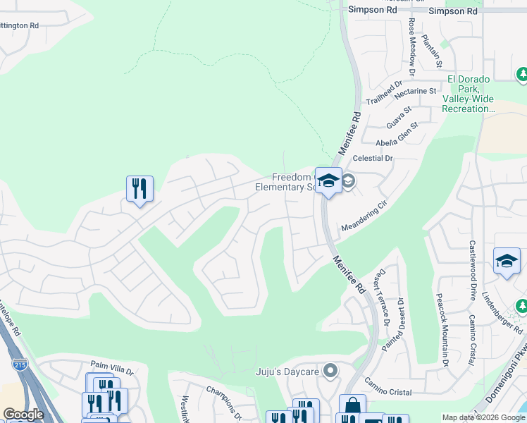 map of restaurants, bars, coffee shops, grocery stores, and more near 28756 Fall Creek Court in Menifee