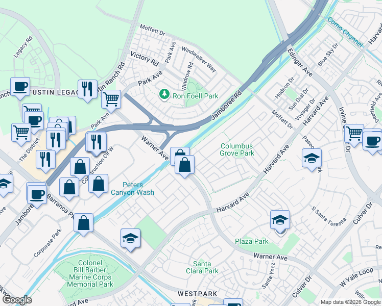 map of restaurants, bars, coffee shops, grocery stores, and more near 309 Larkspur Street in Tustin