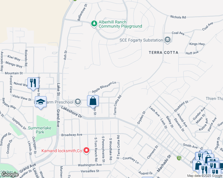map of restaurants, bars, coffee shops, grocery stores, and more near 3538 Pear Blossom Lane in Lake Elsinore