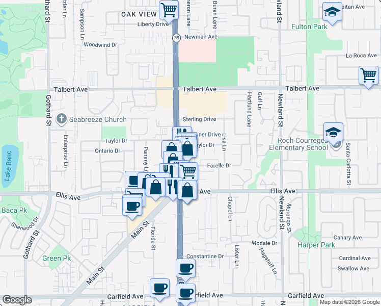 map of restaurants, bars, coffee shops, grocery stores, and more near 18301 Patterson Lane in Huntington Beach