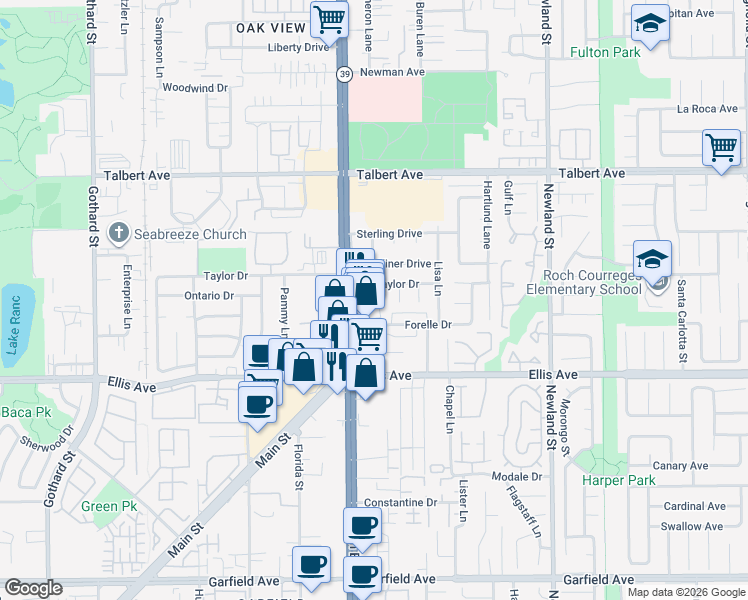 map of restaurants, bars, coffee shops, grocery stores, and more near 18301 Patterson Lane in Huntington Beach
