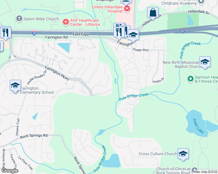 map of restaurants, bars, coffee shops, grocery stores, and more near 6204 Fairington Club Drive in Stonecrest