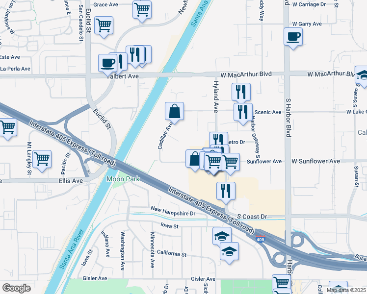 map of restaurants, bars, coffee shops, grocery stores, and more near 1670 Sunflower Avenue in Costa Mesa
