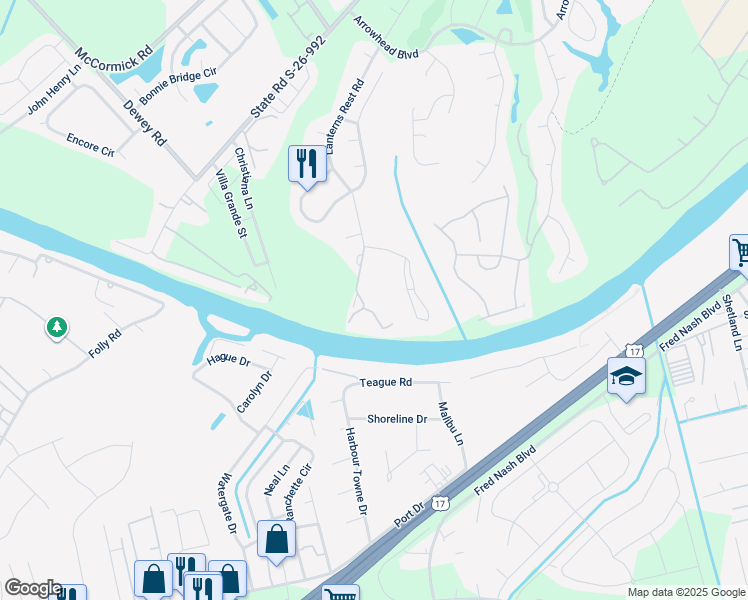map of restaurants, bars, coffee shops, grocery stores, and more near 1525 Lanterns Rest Road in Myrtle Beach