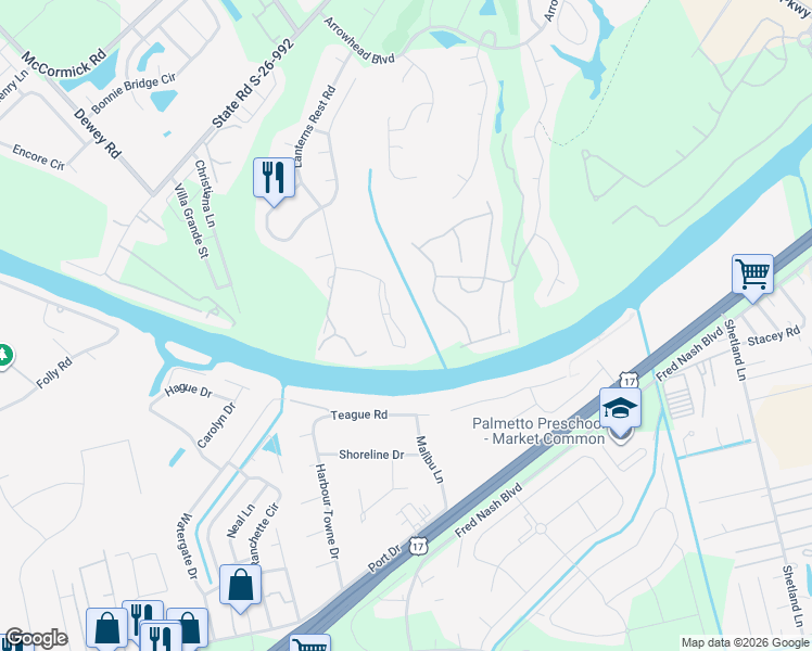 map of restaurants, bars, coffee shops, grocery stores, and more near 698 Riverwalk Drive in Myrtle Beach