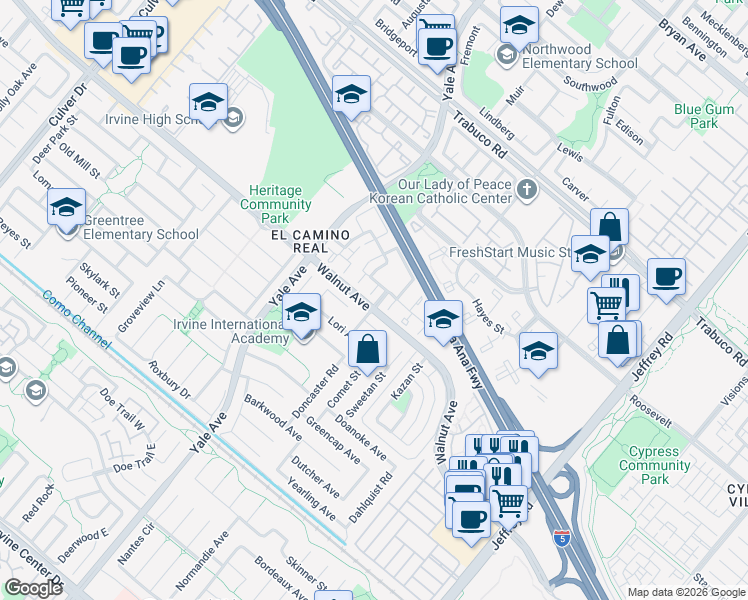 map of restaurants, bars, coffee shops, grocery stores, and more near 1 Hartford in Irvine
