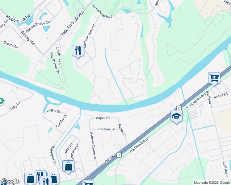 map of restaurants, bars, coffee shops, grocery stores, and more near 698 Riverwalk Drive in Myrtle Beach
