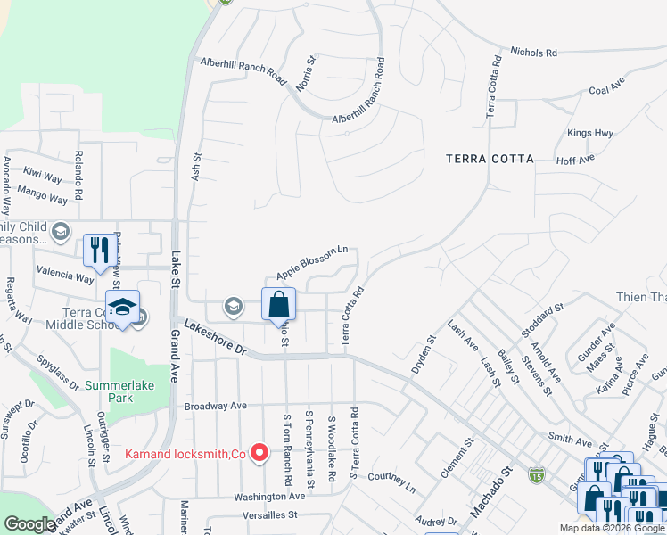 map of restaurants, bars, coffee shops, grocery stores, and more near 3538 Pear Blossom Lane in Lake Elsinore