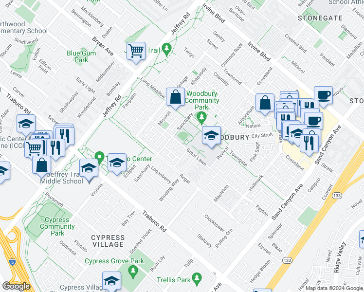 map of restaurants, bars, coffee shops, grocery stores, and more near 96 Great Lawn in Irvine