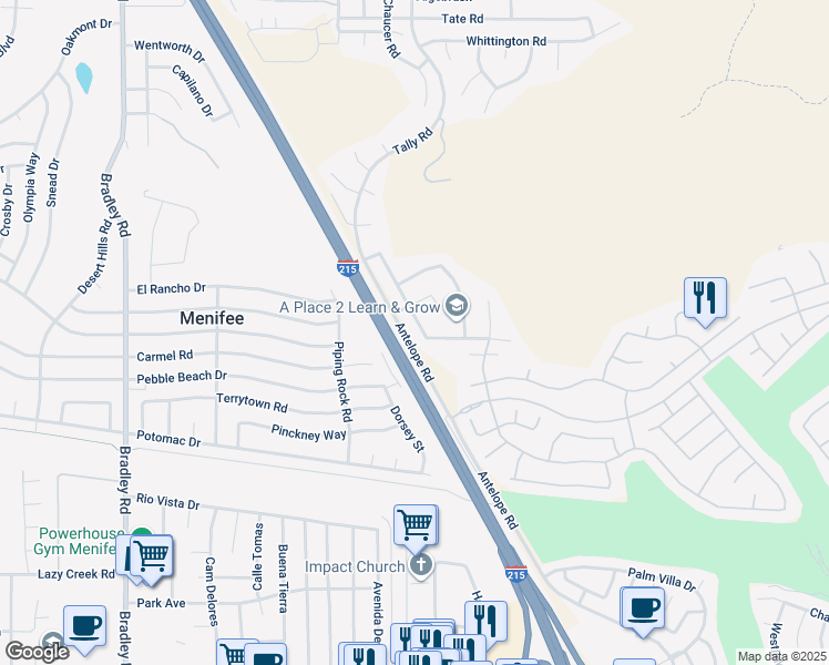 map of restaurants, bars, coffee shops, grocery stores, and more near 29215 Mesa Crest Way in Menifee