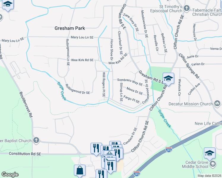 map of restaurants, bars, coffee shops, grocery stores, and more near 3257 Cottonwood Drive Southeast in Atlanta